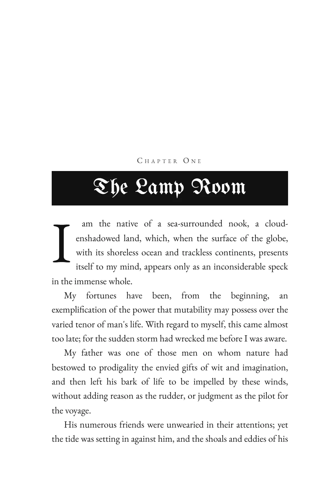 Ravenhurst — Blackletter knocked out of a black band, and a deep drop cap. For a book with something in the walls.