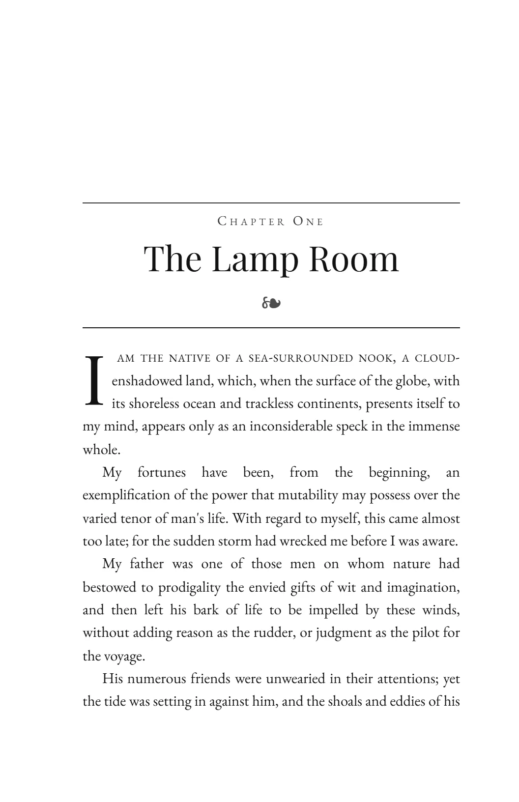 Vellum Hall — A drop cap, an ornamental break and a ruled opener. For a book with weather in it.